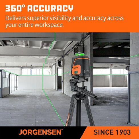 JORGENSEN 360° Laser Level with Tripod, 100 FT Rechargeable Self Leveling Cross Line Laser Leveler Tool with Magnetic Base, Wide Angle Green Laser Level for Picture Hanging, Floor Tile, Construction in Kuwait