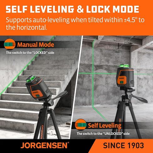 JORGENSEN 360° Laser Level with Tripod, 100 FT Rechargeable Self Leveling Cross Line Laser Leveler Tool with Magnetic Base, Wide Angle Green Laser Level for Picture Hanging, Floor Tile, Construction in Kuwait
