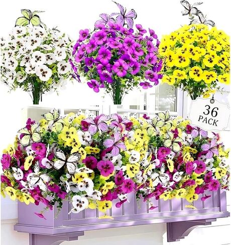 Geegoods 24 Bundles Artificial Flowers Outdoor – Fake Pansy Flowers UV Resistant Plastic Faux Pansies for Front Door Garden Porch Window Box Patio Home Decor in Kuwait