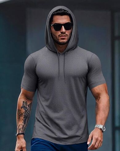 Men’s Short Sleeve Hoodie Sweatshirt Lightweight Hooded Summer Cotton Workout T-Shirt,Dark Grey,L in Saudi Arabia