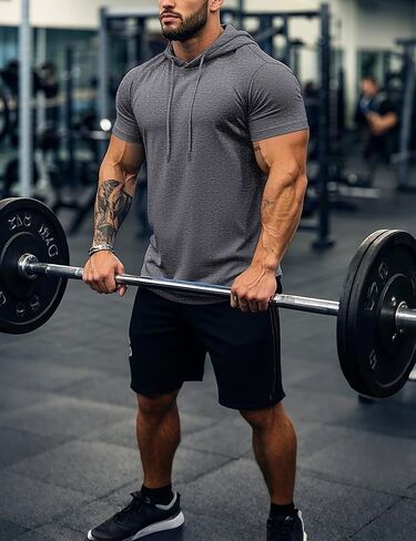Men’s Short Sleeve Hoodie Sweatshirt Lightweight Hooded Summer Cotton Workout T-Shirt,Dark Grey,L in Saudi Arabia