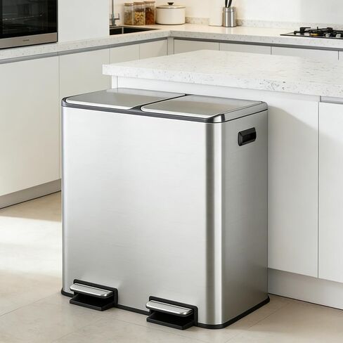 WLIVE 2 x 8 Gallon Dual Compartment Trash Can Stainless Steel, Pet-Proof Double Garbage Can Kitchen with Lid, Inner Buckets and Deodorizing Filter Box, Trash and Recycle Bin Combo, Silver in Saudi Arabia