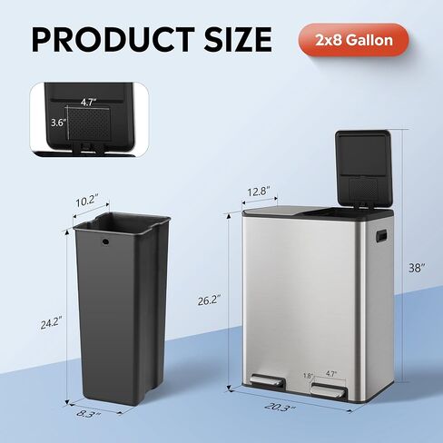 WLIVE 2 x 8 Gallon Dual Compartment Trash Can Stainless Steel, Pet-Proof Double Garbage Can Kitchen with Lid, Inner Buckets and Deodorizing Filter Box, Trash and Recycle Bin Combo, Silver in Saudi Arabia