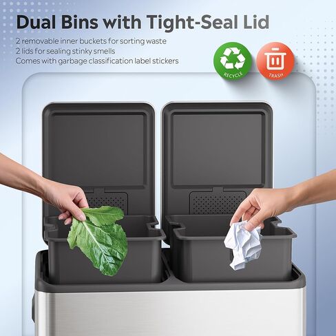 WLIVE 2 x 8 Gallon Dual Compartment Trash Can Stainless Steel, Pet-Proof Double Garbage Can Kitchen with Lid, Inner Buckets and Deodorizing Filter Box, Trash and Recycle Bin Combo, Silver in Saudi Arabia
