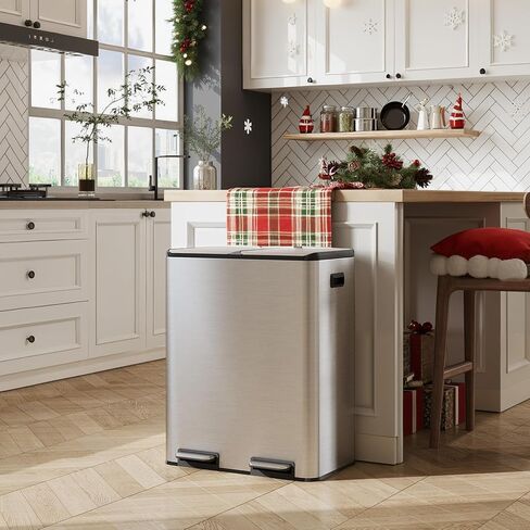 WLIVE 2 x 8 Gallon Dual Compartment Trash Can Stainless Steel, Pet-Proof Double Garbage Can Kitchen with Lid, Inner Buckets and Deodorizing Filter Box, Trash and Recycle Bin Combo, Silver in Saudi Arabia