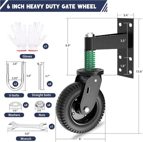 عجلة بوابة سياج شديدة التحمل مقاس 6 بوصات - سعة 500 رطل لبوابات الأنابيب المعدنية والبوابات الخشبية مع عجلات محملة بنابض دوارة 360 درجة - تتضمن مسامير ومفتاح ربط - دحرجة سلسة على جميع التضاريس in Kuwait