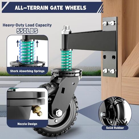 عجلة بوابة سياج شديدة التحمل مقاس 6 بوصات - سعة 500 رطل لبوابات الأنابيب المعدنية والبوابات الخشبية مع عجلات محملة بنابض دوارة 360 درجة - تتضمن مسامير ومفتاح ربط - دحرجة سلسة على جميع التضاريس in Kuwait