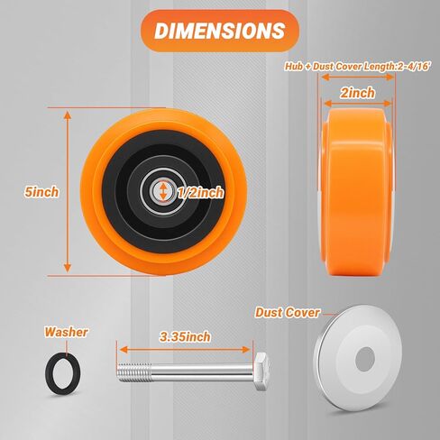5'' x 2'' Heavy Duty Replacement Wheels, 1/2'' Bore Thick Polyurethane Wheels on Polyolefin Core with Roller Bearing, Non-Marking Wheels 3200 LBS Capacity, Use for Cabinet, Trucks(4 Pack) in Kuwait