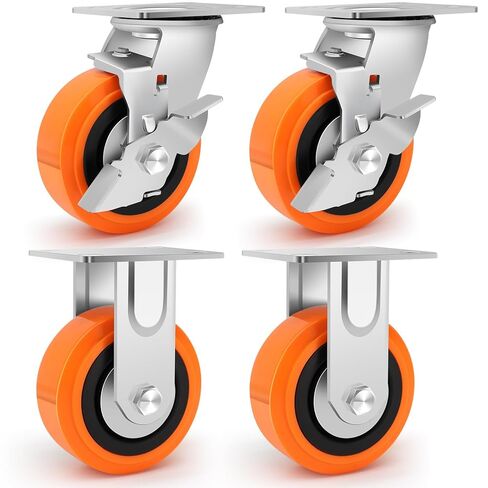 4 Inch Industrial Casters - Heavy Duty Caster Wheels Set of 4, Polyurethane Wheel Capacity up to 2500 lbs, Plate Swivel Caster Use for Workbenches, Platform Truck, Dollies Cart(4 Brake) in Kuwait