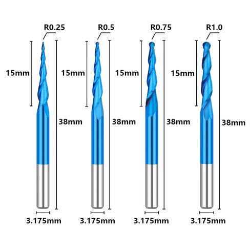 1pcs Tapered Ball Nose End Mill 3.175mm Shank Milling Cutter R 0.25-R1. Carbide 2 Flute CNC Router Engraving Bit for Machine Carving(R1.0x15x3.175x38) in Saudi Arabia