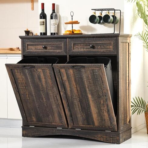 AHB 13 جالون إمالة خارج خزانة القمامة المخفية سلة المهملات خزانة قائمة بذاتها خزانة إعادة تدوير القمامة مع درج مخبأ الحيوانات الأليفة دليل سلة المهملات لغرفة المعيشة المطبخ، الأبيض العتيقة in Kuwait