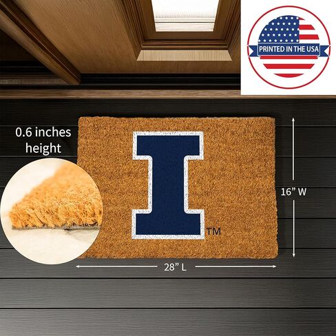 NCAA University of Illinois Coir Door Mat, Indoor and Outdoor Entryway, 28 x 16 Inches Non Slip Back Welcome Floor Mats for Muddy Dog Paws, Weather-Resistant Front Door Entrance Home Décor in Saudi Arabia