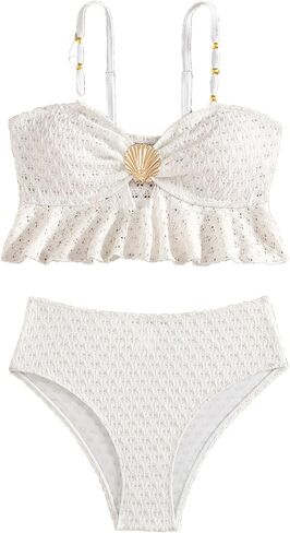 Girls 2 Piece Bikini Sets Metallic Shell Swimsuit Cut Out Ruffle Texture Top High Waisted Bathing Suits in Kuwait