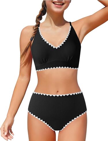 Girls Swimsuit Contrast Trim Cross Back Swimwear Girls Bathing Suit with Padding 7-16Y in Saudi Arabia