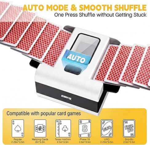 ماكينة خلط البطاقات الأوتوماتيكية لعدد 1-2 من الطوابق، قابلة لإعادة الشحن، منخفضة الضوضاء، آلة خلط البطاقات المحمولة مع ألعاب البطاقات، UNO، البوكر، بلاك جاك، المرحلة 10 وSkip-Bo in Kuwait