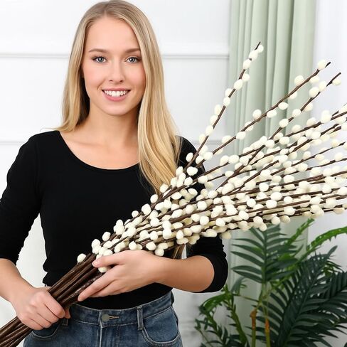 20 Stems 31.5 Inch Artificial Pussy Willow Branches for Vases Dried Flower Stems with White Flowers Faux Snow Willow Branches for Indoor Outdoor Wedding Home Party Fireplace Yard Decoration in Saudi Arabia