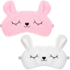 Kids Sleep Mask, 2 Pcs Cute Rabbit Plush Eye Mask Soft Comfortable Kids Eye Mask for Sleeping Funny Animal Eyeshade Cover for Women Girls Home Travel Nap Sleepover Party (White, Pink) in Kuwait