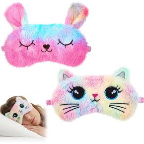 2 PCS Sleep Mask for Kids, Super Soft Plush Cute Cat Sleeping Eye Mask, Comfortable Adjustable Blindfold for Girls, Funny Animal Light Blocking Night Cover for Home Travel (Cat Pattern) in Kuwait