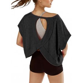 denking Workout Tops for Women: Women Open Back Workout Shirts Short Sleeve Tops Casual Yoga Summer Athletic Gym Running Crop in Saudi Arabia