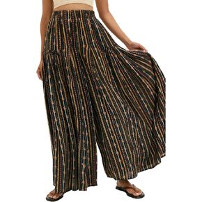سراويل نسائية واسعة الساق سراويل طويلة غير رسمية بخصر مطاطي عالي ومطبوعة للشاطئ بوهو واليوجا (Black2-M02) in Kuwait