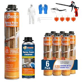 مجموعة العزل الرغوي لخلية مغلقة 120 قدم مربع، رغوة رذاذ ممتدة من مادة البولي يوريثين عالية الكثافة للجدران والعلية، مجموعة رذاذ رغوية واسعة سهلة الاستخدام مع مسدس ومنظف ومعدات أمان - 6 عبوات in Kuwait