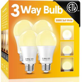 Gonhom ETL مدرج في 3 مصابيح LED 4 عبوات، أبيض ناعم 3000K 30 70 100 واط يعادل، A19 مصابيح كهربائية ثلاثية الاتجاهات، E26 قاعدة 3 مصابيح للقراءة، غرفة نوم in Kuwait
