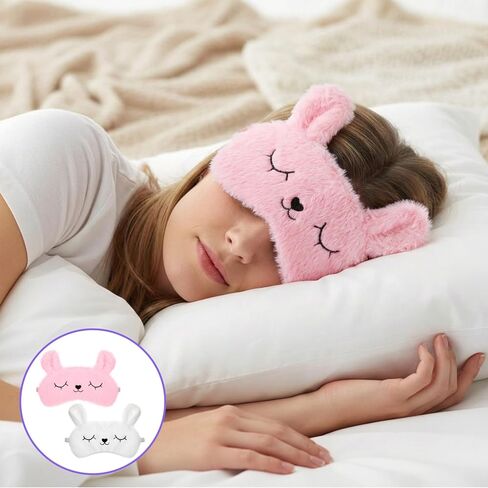 قناع نوم للأطفال، قطعتان من قناع العين من القطيفة على شكل أرنب لطيف، قناع عيون ناعم ومريح للأطفال للنوم، غطاء عيون على شكل حيوانات مضحكة للنساء والفتيات في المنزل والسفر وحفلات النوم (أبيض، وردي) in Kuwait