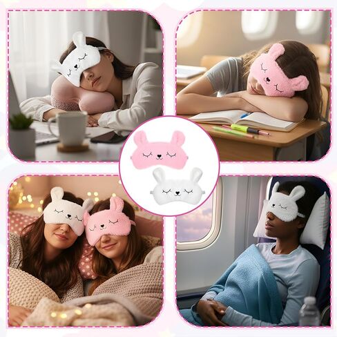 قناع نوم للأطفال، قطعتان من قناع العين من القطيفة على شكل أرنب لطيف، قناع عيون ناعم ومريح للأطفال للنوم، غطاء عيون على شكل حيوانات مضحكة للنساء والفتيات في المنزل والسفر وحفلات النوم (أبيض، وردي) in Kuwait