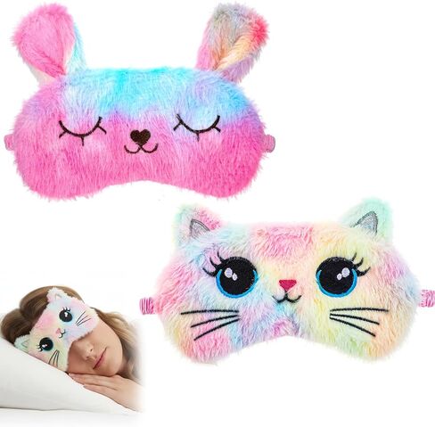 قطعتان من قناع النوم للأطفال، قناع عين القطة النائمة اللطيف من القطيفة فائق النعومة، مريح معصوب العينين قابل للتعديل للفتيات، غطاء ليلي مضحك للحيوانات يحجب الضوء للسفر المنزلي (نمط القطة) in Kuwait
