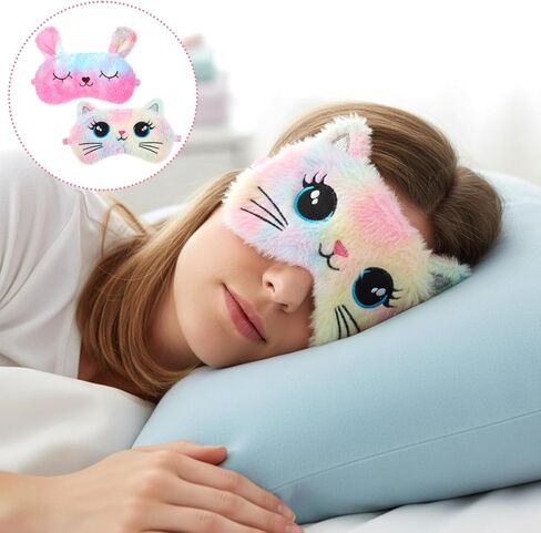 قطعتان من قناع النوم للأطفال، قناع عين القطة النائمة اللطيف من القطيفة فائق النعومة، مريح معصوب العينين قابل للتعديل للفتيات، غطاء ليلي مضحك للحيوانات يحجب الضوء للسفر المنزلي (نمط القطة) in Kuwait