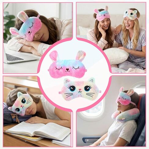 قطعتان من قناع النوم للأطفال، قناع عين القطة النائمة اللطيف من القطيفة فائق النعومة، مريح معصوب العينين قابل للتعديل للفتيات، غطاء ليلي مضحك للحيوانات يحجب الضوء للسفر المنزلي (نمط القطة) in Kuwait