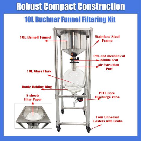 10L Vacuum Buchner Funnel Filtering Kit Glass Vacuum Suction Filter with 304 Stainless Steel Buchner Funnel & Glass Filter Flask Negative Pressure Filtration for Lab Liquid-Liquid Extraction in Kuwait
