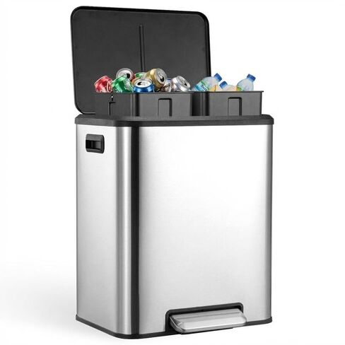 2 x 4 Gallon, Double Trash Can Kitchen for Recycling and Trash, 2 in 1 Garbage Bin, Touchless Motion, Recycle Bin Combo, Stainless Steel Dual Recycling Bins for Kitchens & Office in Saudi Arabia