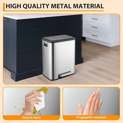 2 x 4 Gallon, Double Trash Can Kitchen for Recycling and Trash, 2 in 1 Garbage Bin, Touchless Motion, Recycle Bin Combo, Stainless Steel Dual Recycling Bins for Kitchens & Office in Saudi Arabia