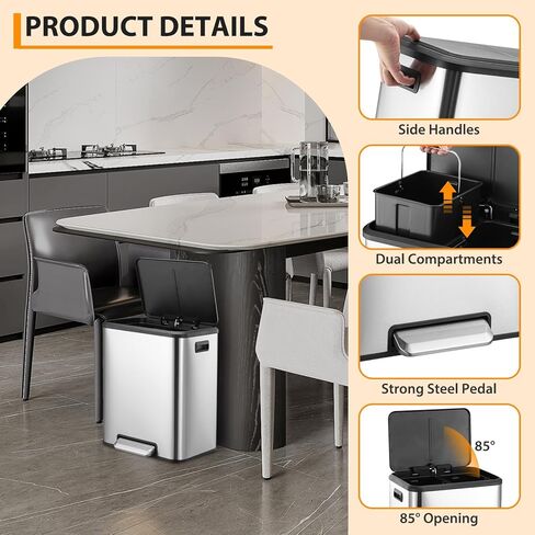 2 x 4 Gallon, Double Trash Can Kitchen for Recycling and Trash, 2 in 1 Garbage Bin, Touchless Motion, Recycle Bin Combo, Stainless Steel Dual Recycling Bins for Kitchens & Office in Kuwait