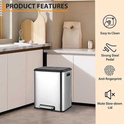 2 x 4 Gallon, Double Trash Can Kitchen for Recycling and Trash, 2 in 1 Garbage Bin, Touchless Motion, Recycle Bin Combo, Stainless Steel Dual Recycling Bins for Kitchens & Office in Kuwait