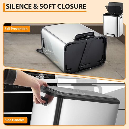 2 x 4 Gallon, Double Trash Can Kitchen for Recycling and Trash, 2 in 1 Garbage Bin, Touchless Motion, Recycle Bin Combo, Stainless Steel Dual Recycling Bins for Kitchens & Office in Saudi Arabia