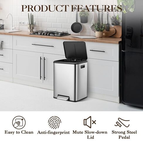 2 x 4 Gallon, Double Trash Can Kitchen for Recycling and Trash, 2 in 1 Garbage Bin, Touchless Motion, Recycle Bin Combo, Stainless Steel Dual Recycling Bins for Kitchens & Office in Kuwait