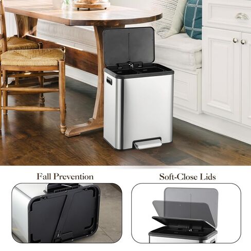 2 x 4 Gallon, Double Trash Can Kitchen for Recycling and Trash, 2 in 1 Garbage Bin, Touchless Motion, Recycle Bin Combo, Stainless Steel Dual Recycling Bins for Kitchens & Office in Kuwait