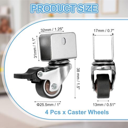 PATIKIL 1 Inch Caster Wheels, 4 Pcs Swivel Casters with Break 0.7" U Bracket Opening 55 Lb Capacity Per Caster for Furniture Office Chairs Carts and Cabinets, Brown in Saudi Arabia