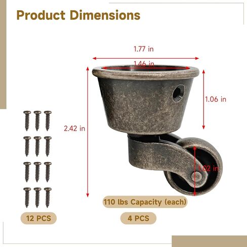 4 Pcs Antique Swivel Cup Casters, Vintage Zinc Alloy Furniture Casters, Universal Round Swivel Wheels, 360° Silent Pulley Wheels with Screws, Ideal for Sofas, Tables, Chairs, Cabinets in Saudi Arabia