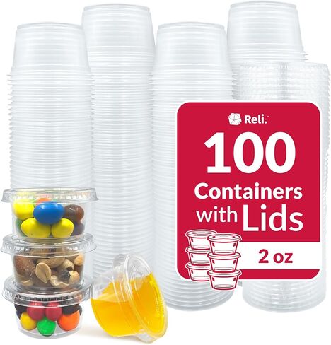Reli. 2 oz Condiment Containers with Lids (100 sets) | Ideal for Sauce, Souffle, Samples, Jello Shot Cups | Disposable, BPA-Free Plastic | Small Containers 2oz, Bulk in Saudi Arabia