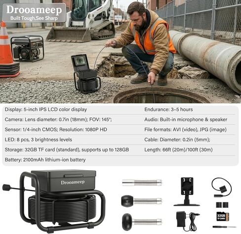 Sewer Camera, Sewer Inspection Camera, 5" IPS HD Drain Camera with 8 Lights, IP68, 32GB, DVR, FOV145°, Microphone & Speaker, for Pipe, Home Duct, Plumbing - 66FT in Saudi Arabia