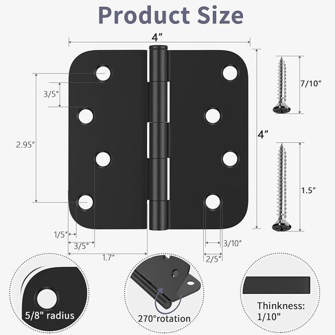 3 Pack Door Hinges 4 Inch, Matte Black Hinges with 5/8" Radius & Square Corners, Removable Pin, Exterior Door Hinges Perfect for Heavy-Duty Front & Back Door, Anti-Rust & No Squeaks in Saudi Arabia