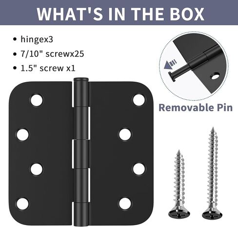 3 Pack Door Hinges 4 Inch, Matte Black Hinges with 5/8" Radius & Square Corners, Removable Pin, Exterior Door Hinges Perfect for Heavy-Duty Front & Back Door, Anti-Rust & No Squeaks in Saudi Arabia