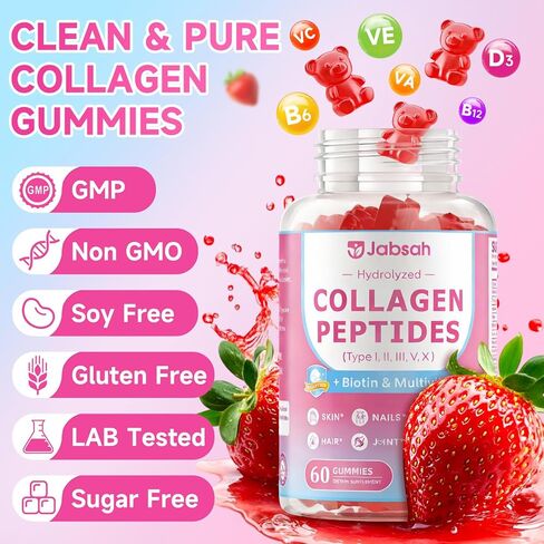 Collagen Gummies for Women & Men, Hydrolyzed Collagen Peptides (Type I, II, III, V, X) with Biotin, Hyaluronic Acid, MultiVitamins, Supports Healthy Skin, Thick Hair &Strong Nails, Sugar Free, 60Cts in Saudi Arabia