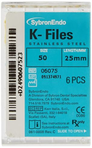 6075 Endo Hand K-File, 0.02mm Taper, 25mm Length, Stainless Steel, 50 Tip Size, Yellow, Pack of 6 in Saudi Arabia