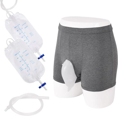 جهاز تجميع البول يمكن ارتداؤه للرجال مع سراويل تثبيت قطنية كبيرة وطويلة - حقيبة جمع البول للرجال قابلة للحمل مع كيسين للبول (500 مل)، أنبوب 1.2 متر وسروال قابل للتعديل للمرضى طريح الفراش (حجم كبير) in Kuwait
