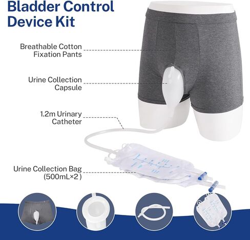 جهاز تجميع البول يمكن ارتداؤه للرجال مع سراويل تثبيت قطنية كبيرة وطويلة - حقيبة جمع البول للرجال قابلة للحمل مع كيسين للبول (500 مل)، أنبوب 1.2 متر وسروال قابل للتعديل للمرضى طريح الفراش (حجم كبير) in Kuwait