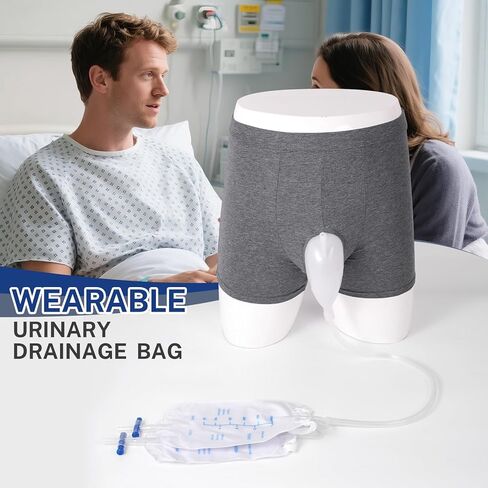 جهاز تجميع البول يمكن ارتداؤه للرجال مع سراويل تثبيت قطنية كبيرة وطويلة - حقيبة جمع البول للرجال قابلة للحمل مع كيسين للبول (500 مل)، أنبوب 1.2 متر وسروال قابل للتعديل للمرضى طريح الفراش (حجم كبير) in Kuwait